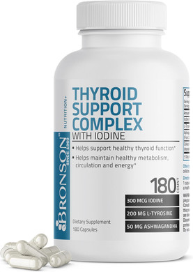 Bronson Thyroid Support Complex with Iodine - Healthy Thyroid Function, Immune System, Thyroid Hormone Levels - 180 Capsules