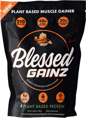 BLESSED Gainz Vegan Protein Powder Mass Gainer - 40g Plant Based Protein Powder - Meal Replacement Shake with Pea Protein Powder - Vegan Protein Shake - 40 Servings (Peanut Butter)