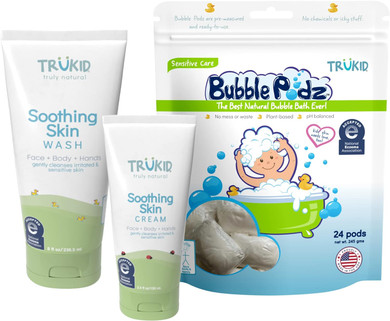 TruKid NEA-Accepted Eczema Relief Bundle | Bubble Bath, Skin Cream, and Body Wash | All Natural Ingredients, Unscented, Hydrates, Moisturizes and Protects Irritated & Sensitive Skin | Three Products