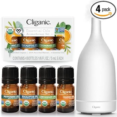 Cliganic Organic Essential Oils Set (Top 4) + White Ceramic Diffuser