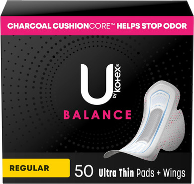 U by Kotex Balance Ultra Thin Pads with Wings, Regular Absorbency, 50 Count (Pack of 1)(Packaging May Vary)