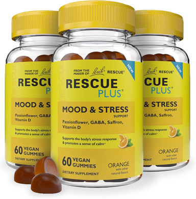 Rescue Bach Plus Mood & Stress Support Gummies, Daytime Dietary Supplement With Passionflower, Gaba, Saffron & Vitamin D, Natural Orange Flavor, Vegan & Gluten-Free, 60 Count
