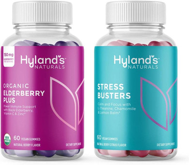 Hyland'S Naturals Organic Elderberry Plus Gummies + Stress Busters Gummies With L-Theanine, Chamomile & Lemon Balm - 120 Vegan Adult Gummies (60 Of Each)