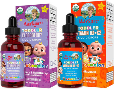 Usda Organic Cocomelon Elderberry Syrup For Toddlers & Cocomelon Vitamin D3 K2 Liquid Drops For Toddler Bundle By Maryruth'S | Immune Support | Calcium Absorption | Strong Bones | Vegan | Gluten Free