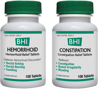 Bhi Constipation Relief Natural, Safe Homeopathic Relief - 100 Tablets And Bhi Hemorrhoid Relief Natural, Safe Homeopathic Relief - 100 Tablets Bundle