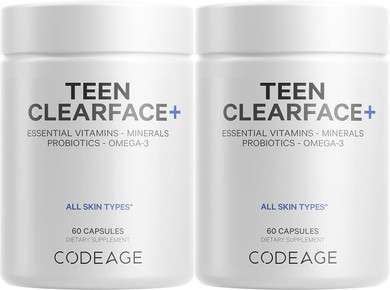 Codeage Teen Clearface Adolescent Face, Skin & Pimples, Vitamins A, C, D3, E, Pantothenic Acid, Niacin, Zinc Supplement Teenagers, Probiotics, L-Lysine, Omega-3, Oily Skin, Pores, Spots - 2 Pack60 Count (Pack Of 2)