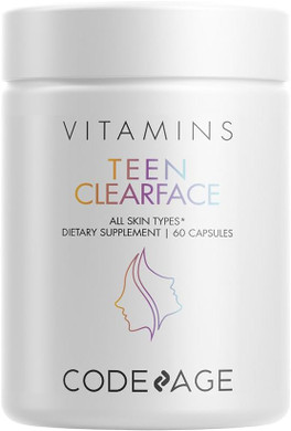 Codeage Teen Clearface Adolescent Face, Skin & Pimples, Vitamins A, C, D3, E, Pantothenic Acid, Niacin, Zinc Supplement Teenagers, Probiotics, L-Lysine, Omega-3, Oily Skin, Pores, Spots - 60 Capsules60 Count (Pack Of 1)
