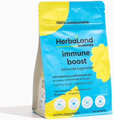 Herbaland Vegan Immune Boost (Immune Plus) Gummies For Adults - Elderberry, Echinacea, Zinc, Vitamin D3, Vitamin C, Sugar-Free & Gluten-Free - Raspberry Lemon Flavor, 90 Count, Compostable Pouch