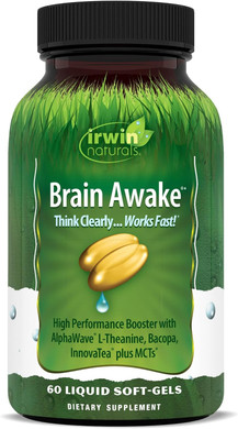 Irwin Naturals Brain Awake Enhanced Mental Performance, Increased Focus, Boost Clarity & Concentration - Powerful Nootropic Booster with L-Theanine, Bacopa, MCT's & InnovaTea - 60 Liquid Softgels