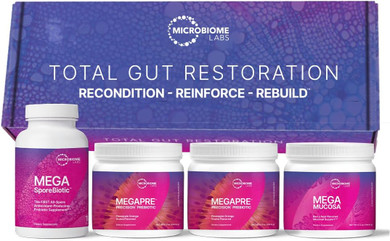 Microbiome Labs Total Gut Restoration Kit (Powder) - 3-Product Gut Health Spore Based Probiotic, Prebiotic Powder & Mucosal Immunoglobulin + Amino Acids Supplement For Immune, Gi & Digestive Health