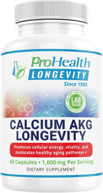 ProHealth Calcium AKG Longevity (Alpha Ketoglutarate) (1,000 mg per 2 Capsule Serving, 60 Capsules). Supports Cellular Energy, Metabolic Function and Healthy Aging Processes