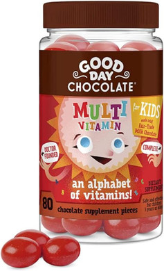Good Day Chocolate Complete Multivitamin For Kids, Daily Supplement Of Vitamins A, B6, B12, C, D, E, Folate And Biotin, 2G Of Sugar, Fair Trade And Non-Gmo Milk Chocolate, 80 Pieces80 Count (Pack Of 1)
