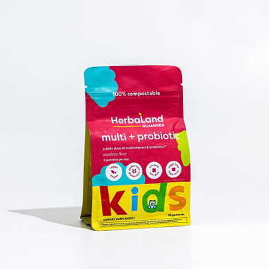 Herbaland Vegan Multivitamin Probiotic Gummies For Kids - 13 Vitamins & Minerals And 1 Billion Cfu Of Probiotic, Sugar-Free & Gluten-Free - Strawberry Flavor, 90 Count, Compostable Pouch