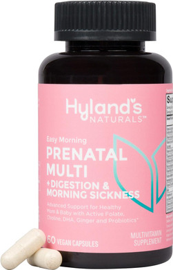 Hyland'S Naturals Easy Morning Prenatal Multivitamin + Digestive Health & Morning Sickness Relief - 60 Vegan Capsules - With Folate, Choline, Zinc, Ginger Root, Prebiotics And Algae Dha