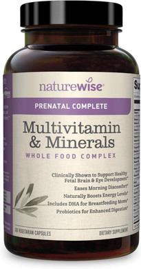Naturewise Prenatal Whole Food Multivitamin For Women | Folate, Vegetarian Dha, Non-Constipating Iron, Plant-Based Calcium, Lutemax Lutein, Probiotics, Vitamin D3, Gluten Free | 60 Count