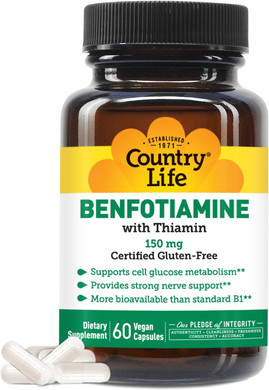Country Life Benfotiamine With Thiamin, Nerve Health Support, 150Mg, 60 Vegetarian Capsules, Certified Gluten Free, Certified Vegan