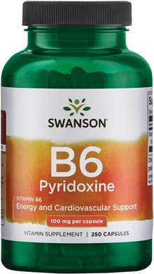 Swanson B6 Pyridoxine - Vitamin Supplement Promoting Cardiovascular Health & Energy Metabolism - Natural Formula Promoting Overall Wellness - (250 Capsules, 100Mg Each)