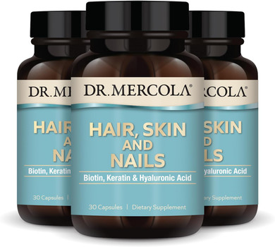 Dr. Mercola Hair, Skin & Nails (3 Pack) 30 Capsules (30 Servings), With Biotin, Solubilized Keratin, And Low Density Hyaluronic Acid, Non Gmo, Gluten Free, Soy Free