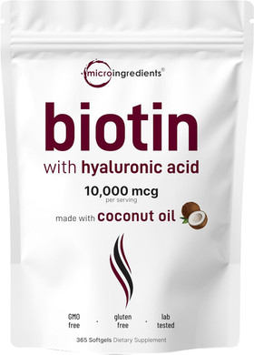Micro Ingredients Biotin 10,000Mcg W/Hyaluronic Acid 25Mg | 365 Virgin Coconut Oil Softgels, Fast Release, One Year Supply, Supports Healthy Hair, Skin & Nails, Non-Gmo & No Gluten