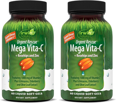 Irwin Naturals Vita-C Plus Urgent Rescue - 60 Liquid Soft-Gels, Pack Of 2 - Immune Health Support - Supplies 1000 Mg Of Vitamin C Per Serving - 30 Total Servings