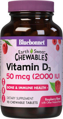 Bluebonnet Nutrition Earth Sweet Vitamin D3 2000 Iu Chewable Tablets, Aids In Muscle And Skeletal Growth, D3, Non Gmo, Gluten, Free, Soy Free, Milk Free, Kosher, 90 Chewable Tablets, Raspberry Flavor