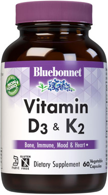 Bluebonnet Nutrition Vitamin D3 & K2, Soy-Free, For Strong-Healthy Bones*, Gluten-Free, Non-Gmo, Dairy-Free, Kosher Certified, Vegetarian, 60 Vegetable Capsules, 60 Servings