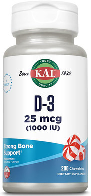 Kal Vitamin D-3 1000 Iu Chewable | Peppermint Flavor | Healthy Immune Function & Bone Support | 200 Chews, 200 Serv