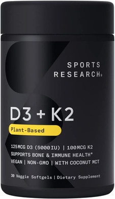 Sports Research Vitamin D3 K2 with Coconut Oil | Plant Based Vitamin K2 MK7 + Vegan D3 5000iu for Bone & Immune Health | Vegan Certified, Soy & Gluten Free - 30 Count Softgels30 Count (Pack of 1)