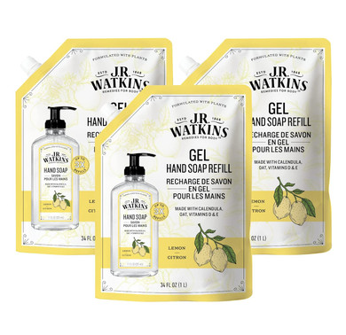 J.R. Watkins Gel Hand Soap Refill, Moisturizing Hand Wash, All Natural, Alcohol-Free, Cruelty-Free, Usa Made, Lemon, 34 Fl Oz, 3 Pack