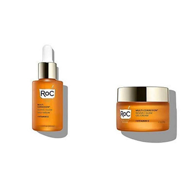 Roc Multi Correxion Revive + Glow Skin Care Regimen Bundle: Vitamin C Serum For Face + Vitamin C Cream For Tighter, Brighter Skin