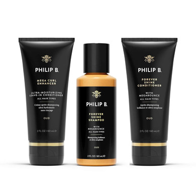 Philip B. Forever Shine Shampoo And Conditioner 2 Oz Each + Mega Curl Enhancer 2Oz - Shampoo And Conditioner Set With Notes Of Pure Oud