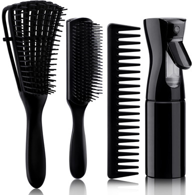 4Pcs Detangling Brush Set For Afro America/African Hair Textured 3A To 4C Kinky Wavy/Curly/Coily/Wet/Dry/Oil/Thick/Long Hair, Hair Detangler For Beautiful Shiny Curls (3+1, Black)Black