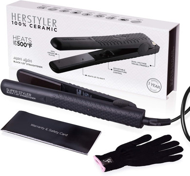 Herstyler Superstyler Onyx Ceramic Flat Iron, Ceramic Hair Straightener With Adjustable Temperature, Travel-Friendly Dual Voltage Flat Ironblack