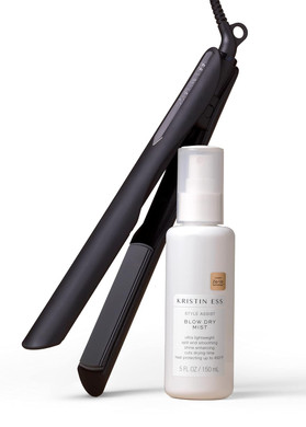 Kristin Ess Hair Nanoblack 3-In-1 Curling Flat Iron Straightener + Style Assist Heat Protectant Spray - 1 1/4 Inch Salon Professional Ceramic Hot Tool - Hair Straightener, Curler + Beach Waver In One