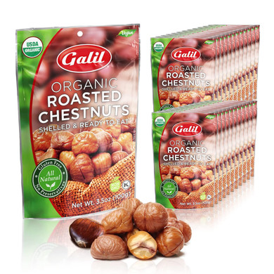 Galil Organic Roasted Chestnuts Pack Of 24 Shelled & Ready To Eat - Gluten Free, Vegan, Organic, Non-Gmo, Kosher Snacks - Great For Baking, Cooking & Turkey Stuffing 3.5Oz Bags