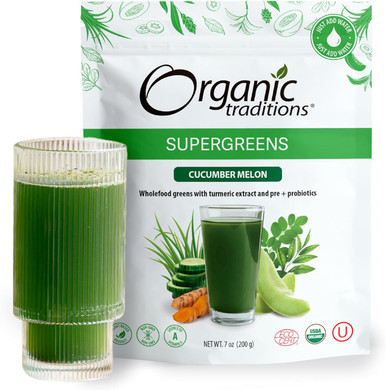 Organic Traditions Supergreens With Turmeric | Cucumber Melon Flavored Organic Greens Powder | 200G / 7Oz Bag