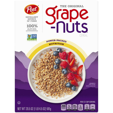 Grape Nuts Original Breakfast Cereal, Crunchy Whole Grain Wheat And Barley Cereal, Non-Gmo Project Verified, 20.5 Oz Box