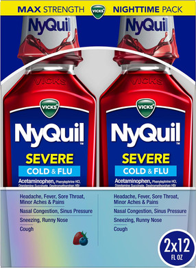 Vicks Nyquil Severe Cold, Flu, And Congestion Medicine, 2X12 Fl Oz Twin Pack, Berry Flavor, Maximum Strength, Nighttime Relief