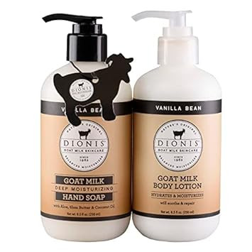 Dionis Goat Milk Skincare Vanilla Bean Body Lotion & Hand Soap Gift Bundle - Vanilla Scented Cream & Concentrated Liquid Soap Gently Clean, Moisturize & Nourish Dry Hands, 8.5 Oz Pump Bottles