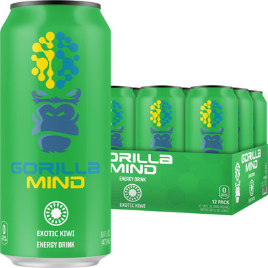 Gorilla Mind Energy Drink | Unmatched Energy · Amplified Focus | N-Acetyl-L-Tyrosine, Alpha-GPC, 200mg Caffeine, Uridine, Saffron | 0 Sugar Or Artificial Colors | 16oz, 12-Pack (Exotic Kiwi)