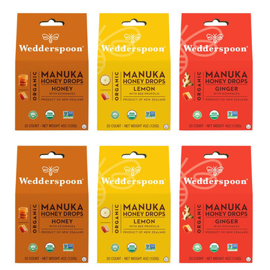 Wedderspoon Organic Manuka Honey Drops, Variety Pack, 4 Oz (Pack of 6) - Genuine New Zealand Honey - Perfect Remedy for Dry Throats