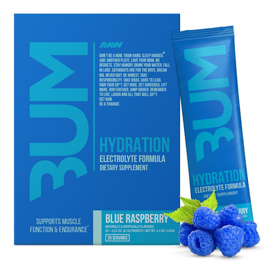 RAW Electrolytes Powder Hydration Drink Mix Packets, BUM Hydrate (Blue Raspberry, 20 Servings), Electrolyte Hydration Packets Support Muscle Function & Endurance, Keto Free Electrolytes Powder Packets