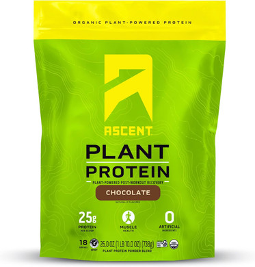 Ascent Plant Based Protein Powder - Non Dairy Vegan Protein, Zero Artificial Ingredients, Soy & Gluten Free, No Added Sugar, 4G Bcaa, 2G Leucine - Chocolate, 18 Servings