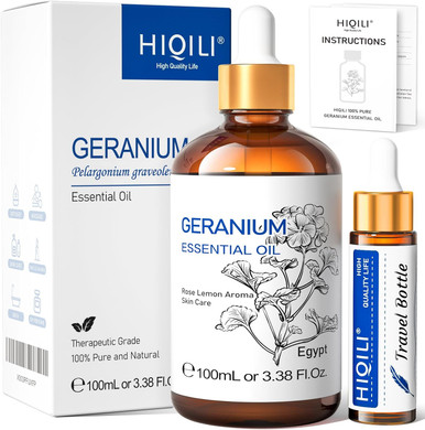 Hiqili Geranium Essential Oil, 100% Pure & Natural For Aromatherapy, Diffuser, Spray, Body Wash, Soap & Candle Making - 3.38 Fl Oz
