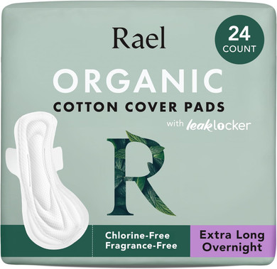Rael Pads For Women, Organic Cotton Cover - Period Pads With Wings, Feminine Care, Sanitary Napkins, Heavy Absorbency, Unscented, Ultra Thin (Overnight, 30 Count)