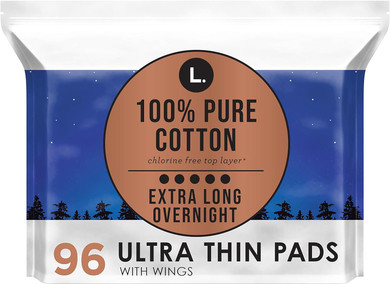 L. Pure Cotton Topsheet Pads for Women, Overnight Pads, Ultra Thin Pads with Wings, Unscented Menstrual Pads, 48 Count x 2 Packs (96 Count Total) (Packaging May Vary)