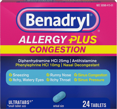 Benadryl Allergy Plus Congestion Ultratabs With Diphenhydramine Hcl Antihistamine & Phenylephrine Hcl Nasal Decongestant, Allergy & Sinus Congestion Relief Tablets, 24 Ct