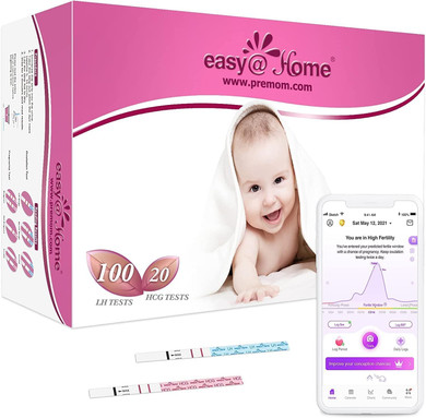 Easy@Home 100 Ovulation (LH) and 20 Pregnancy (HCG) Test Strips Kit, FSA Eligible, Powered by Premom Ovulation Predictor iOS and Android APP, 100 LH + 20 HCG