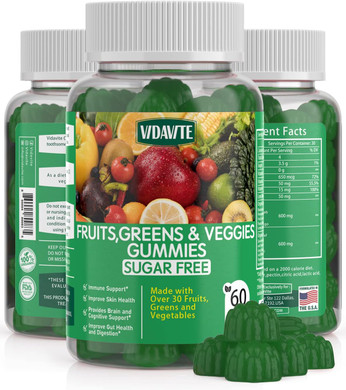 Sugar-Free Fruit And Veggie Gummies  35+ Greens, Fruit And Vegetable Vitamins To Boost Immunity, Skin & Gut Health  Ideal Fruit And Vegetable Supplement For Adults & Kids (60 Gummies)