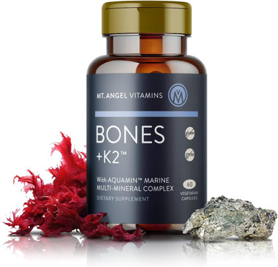Mt. Angel Vitamins - Bones + K2, Comprehensive Bone Support Calcium Supplement, Aquamin 1600 Mg, Magnesium, Plus Trace Minerals, Vitamin K2 (Mk7), Manganese, Vitamin D3, Boron - 60 Vegetarian Capsules